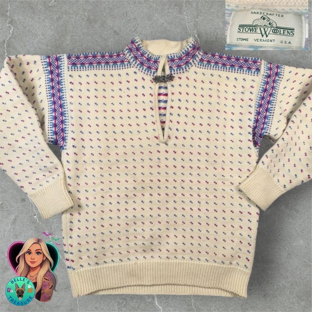 Stowe Woolens Large Fair Isle Icelandic Cotton Candy Pink Sweater Handmade USA